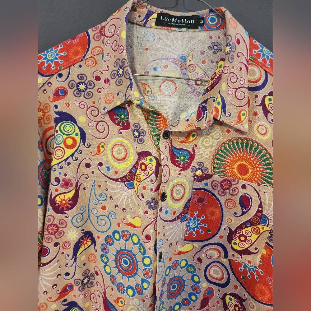 Luc Matton Shirt, Men's size Medium Colorful Cotton Linen Short Sleeve Shirt - Picture 3 of 6